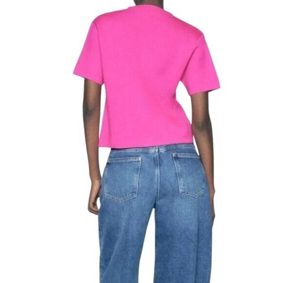 ZARA Bright Pink Short Sleeve Small Knit Cardigan With Gold Buttons & Pockets - Picture 3 of 16